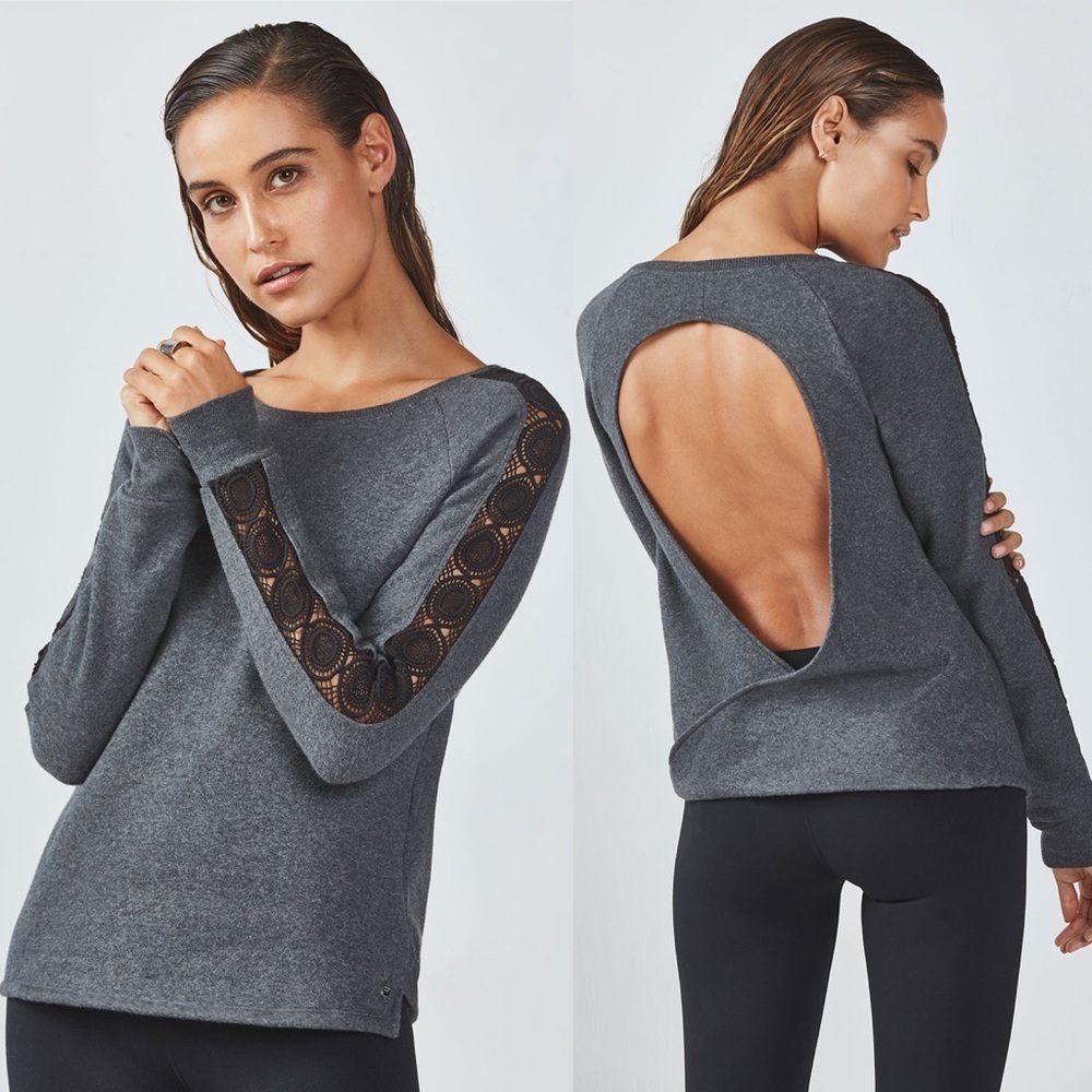 Gray Open-Back Long Sleeve Top with Lace Sleeve Detail